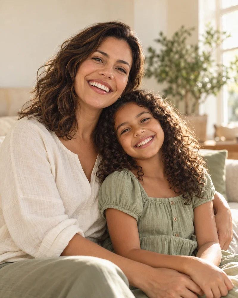 Mãe e filha sorrindo juntas em uma imagem ilustrativa sobre cuidado com a família